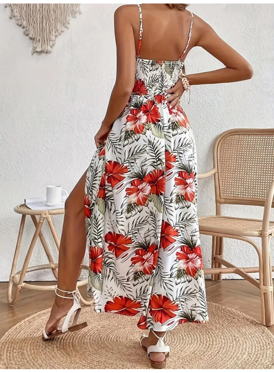 Kadın Ip Askılı V Yakalı Bel Güpür çiçek Desenli Yandan Yırtmaçlı Maksi Süprem Elbise