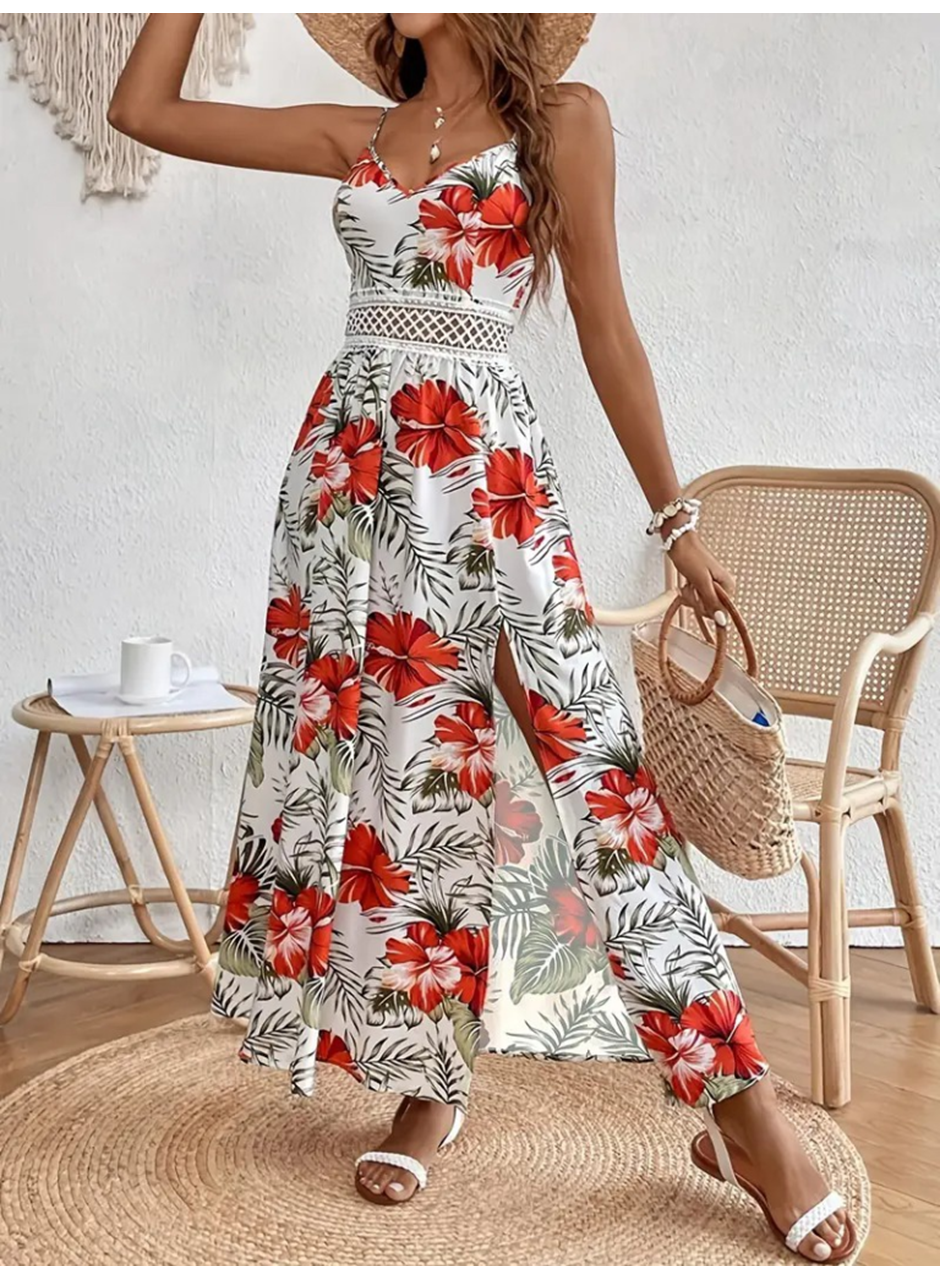 Kadın Ip Askılı V Yakalı Bel Güpür çiçek Desenli Yandan Yırtmaçlı Maksi Süprem Elbise