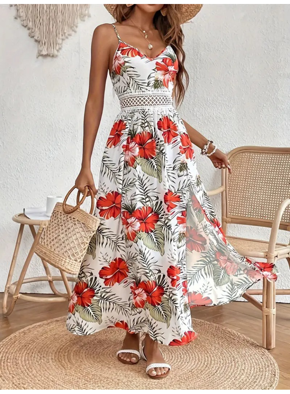 Kadın Ip Askılı V Yakalı Bel Güpür çiçek Desenli Yandan Yırtmaçlı Maksi Süprem Elbise