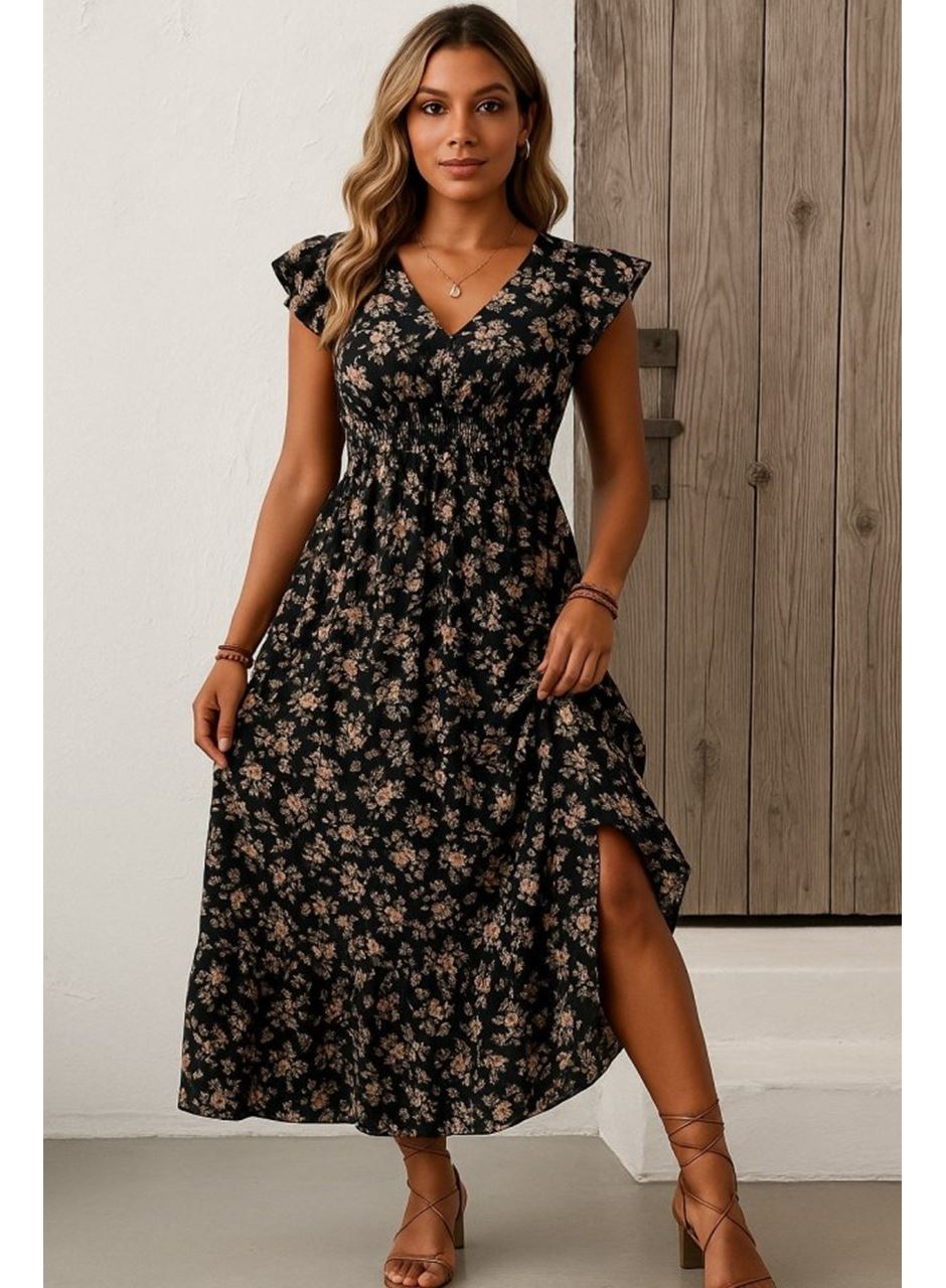 Kadın Kısa Kollu Kruvaze Yaka Beli Lastikli çiçek Desenli Elbise