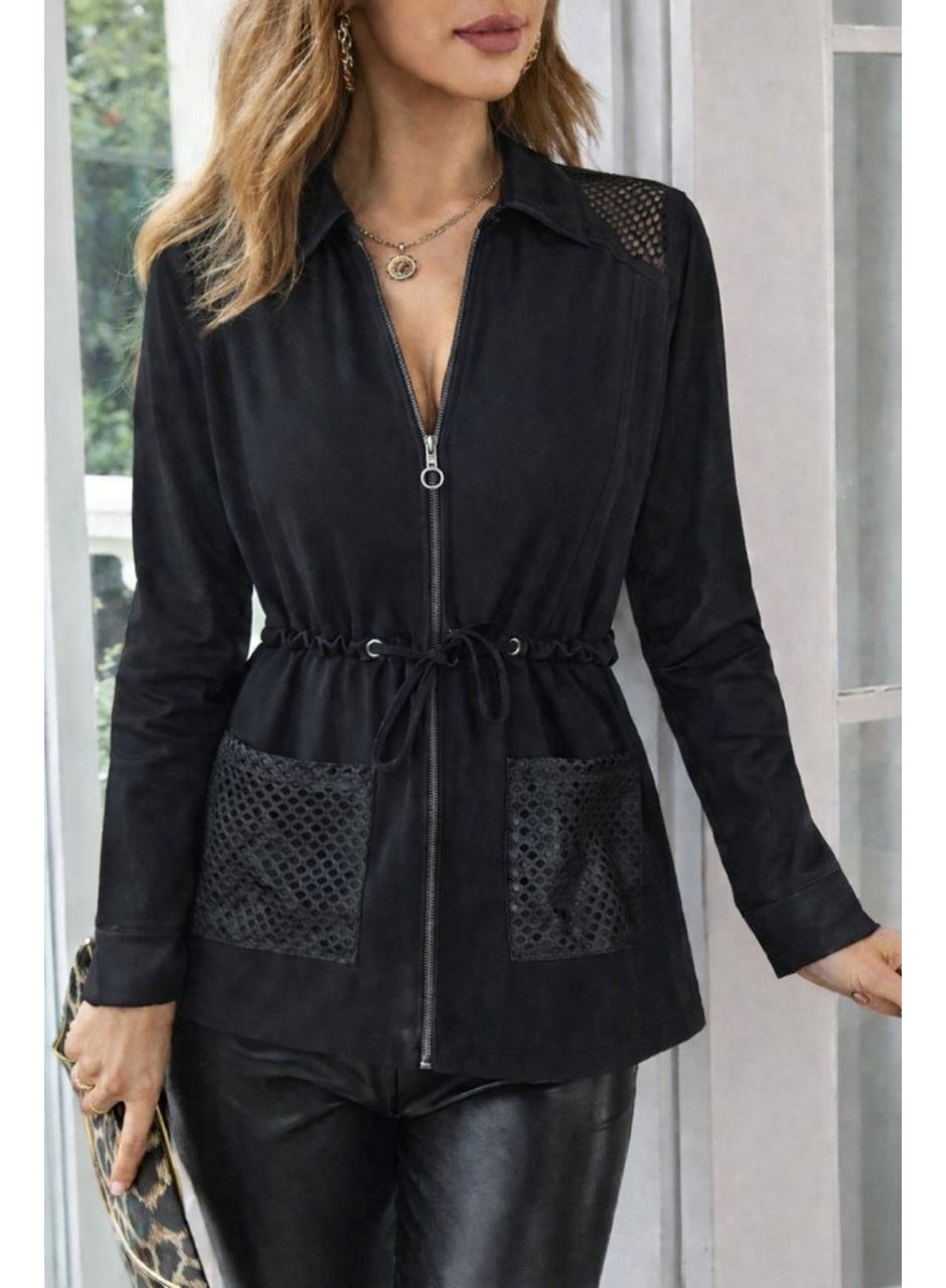 Kadın Uzun Kollu önü Fermuarlı File Detaylı Belden Bağcıklı Kısa Modal Ceket