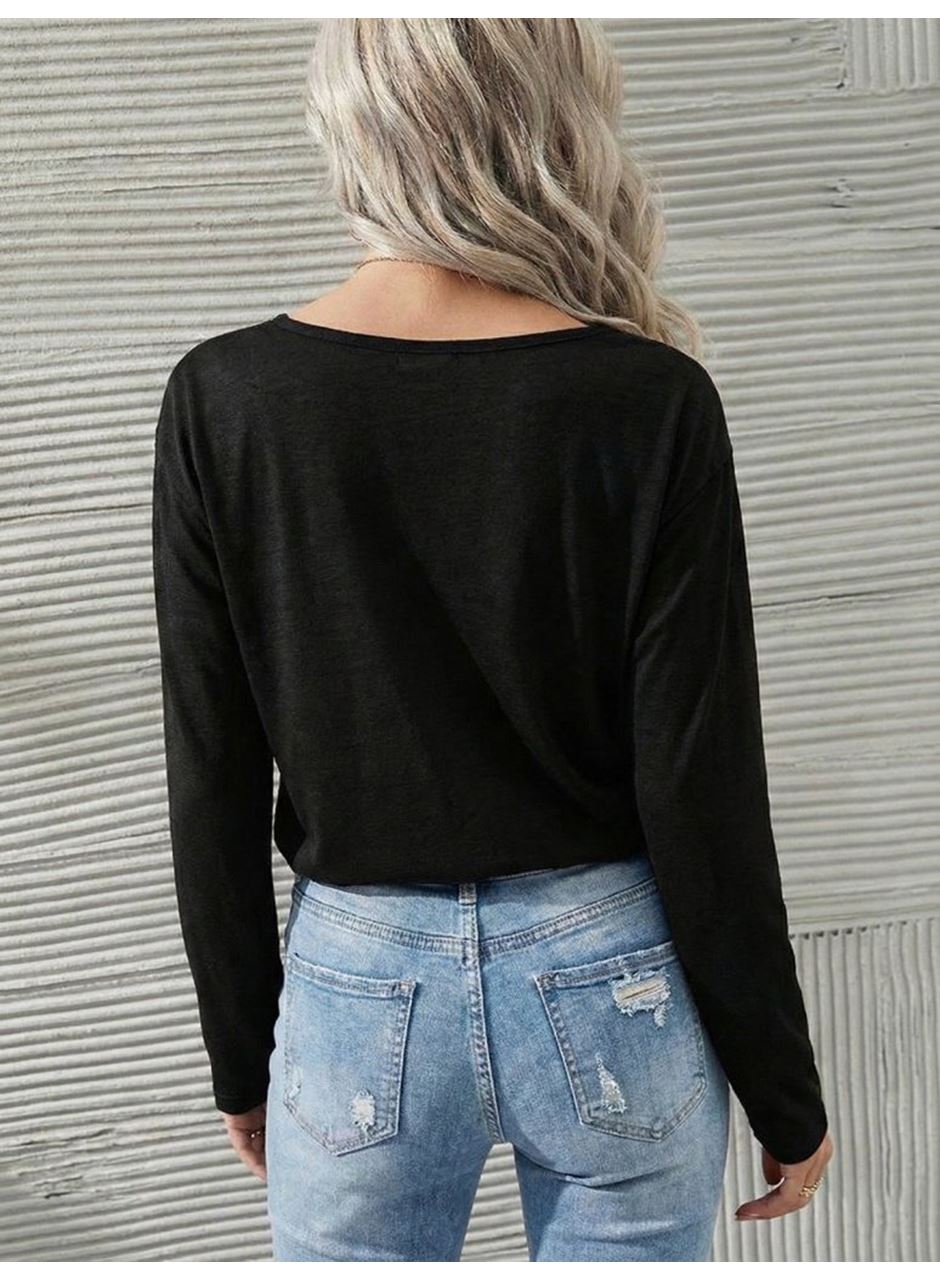 Kadın Uzun Kollu Geniş Yuvarlak Yaka Dantelli Viskon Iki Iplik Bluz