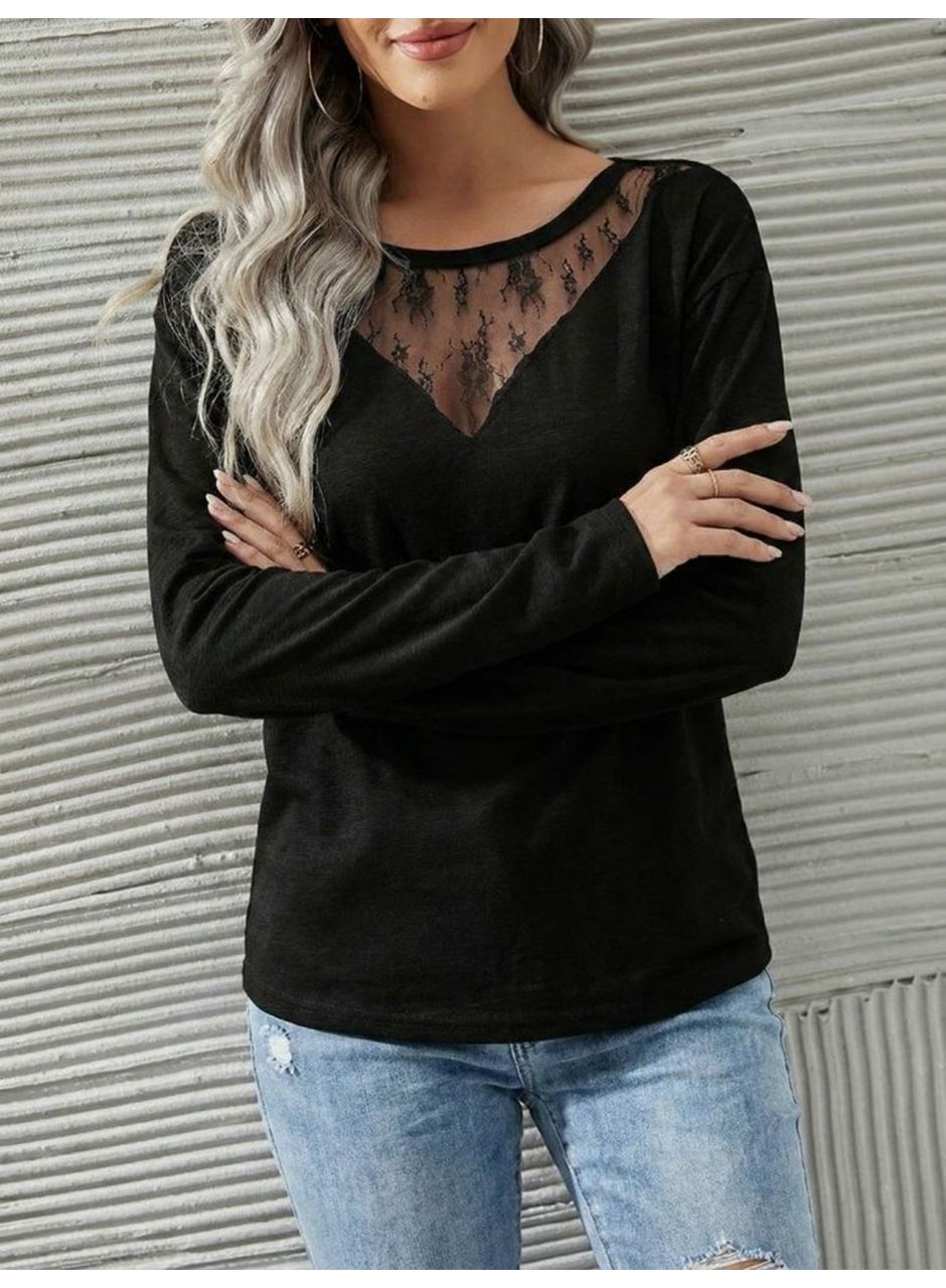 Kadın Uzun Kollu Geniş Yuvarlak Yaka Dantelli Viskon Iki Iplik Bluz