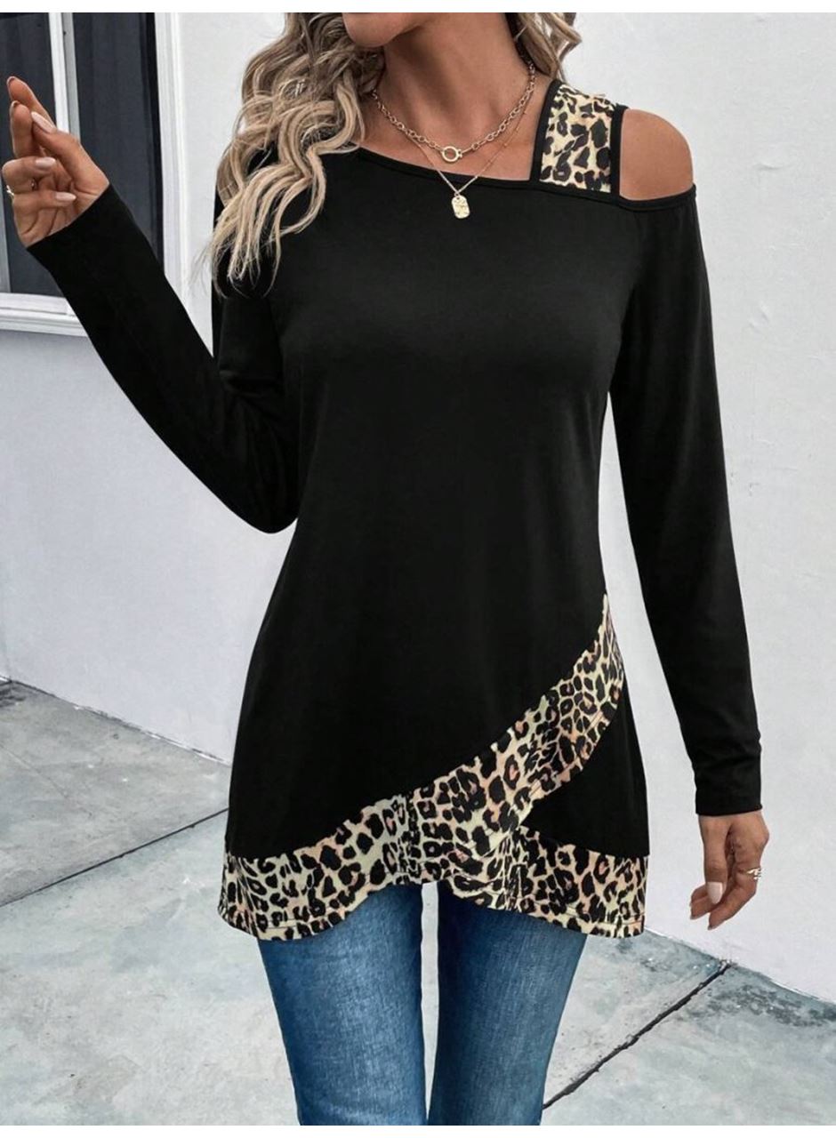 Kadın Tek O Uzdan Açık Askılı Uzun Kollu Leopar Detaylı Viskon Bluz