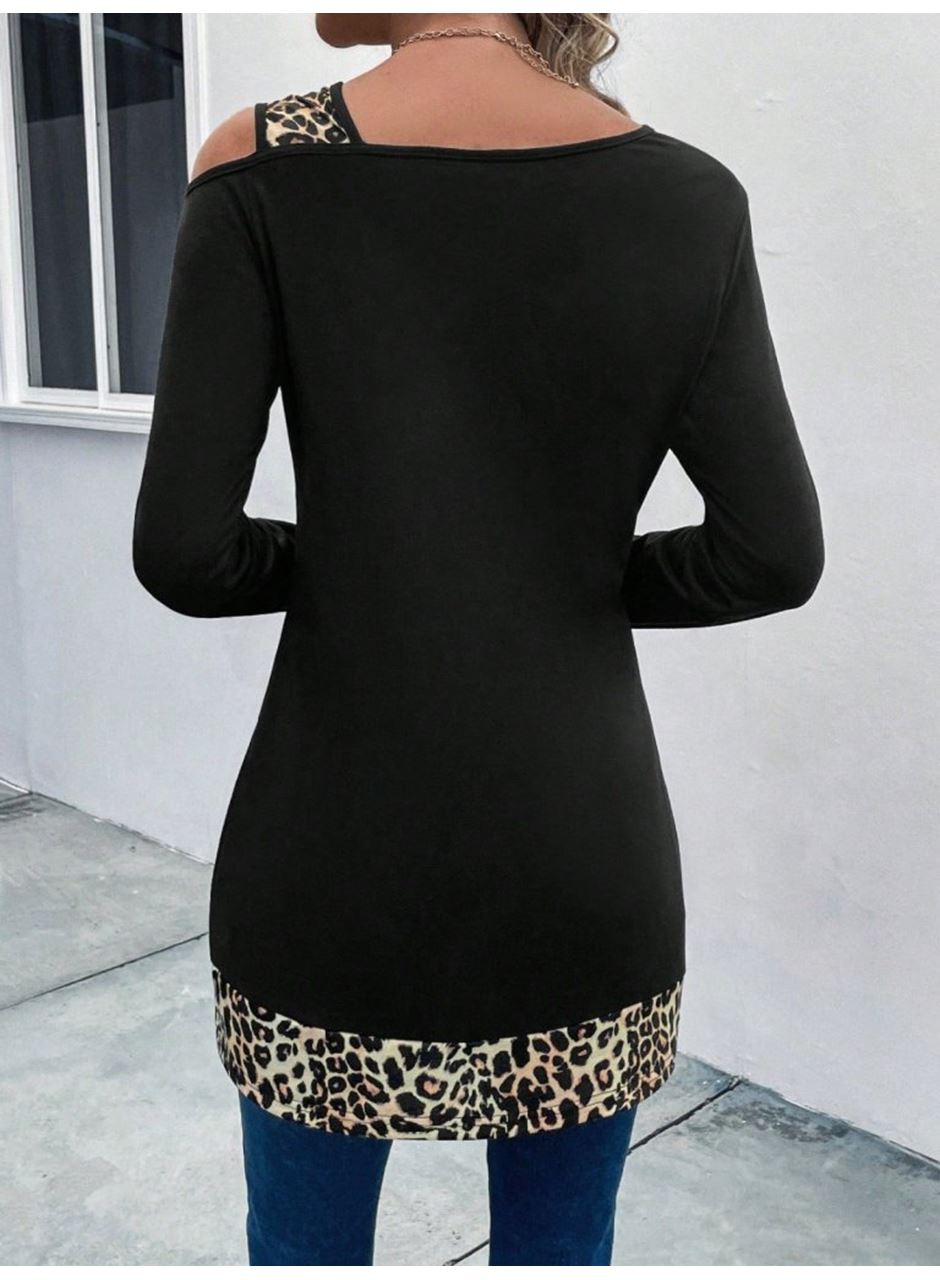Kadın Tek O Uzdan Açık Askılı Uzun Kollu Leopar Detaylı Viskon Bluz