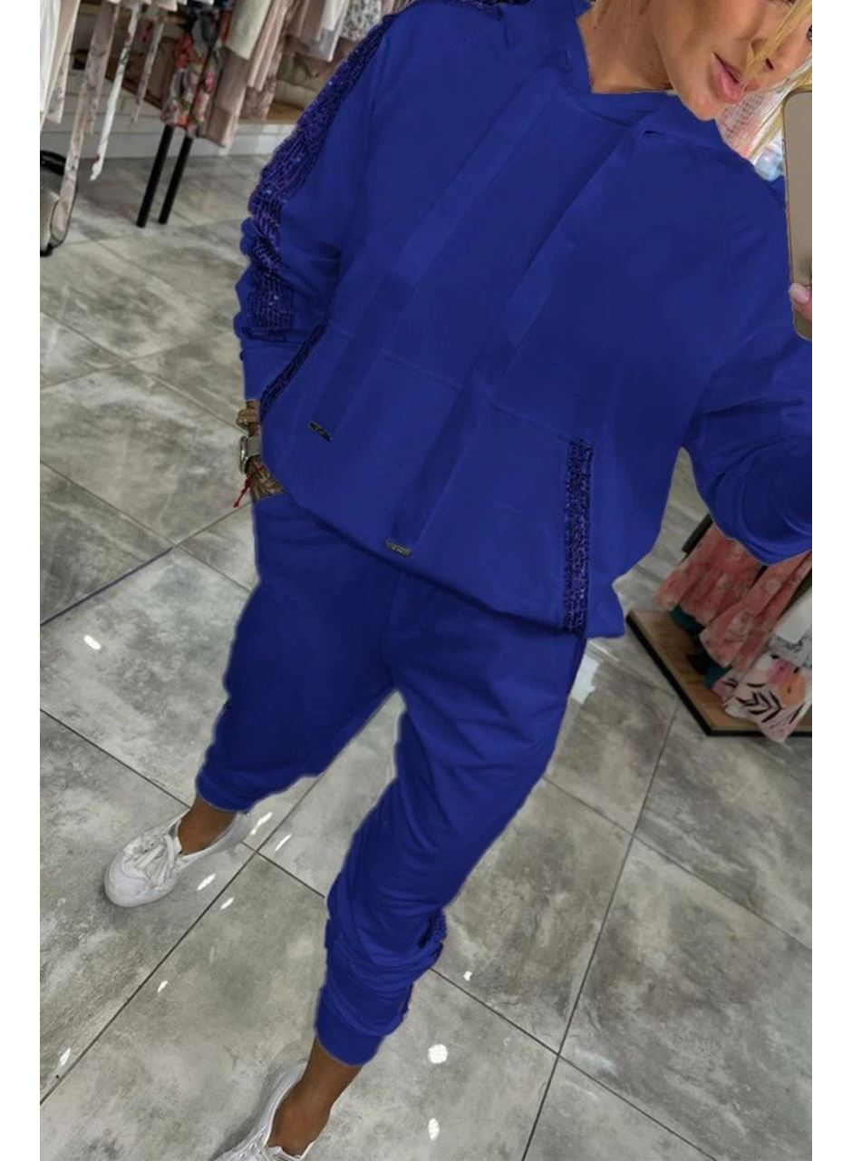 Kadın Uzun Kollu Kapşonlu Pulpayet Detay Viskon Iki Iplik Bluz Ve Pantolon Ikili Takım