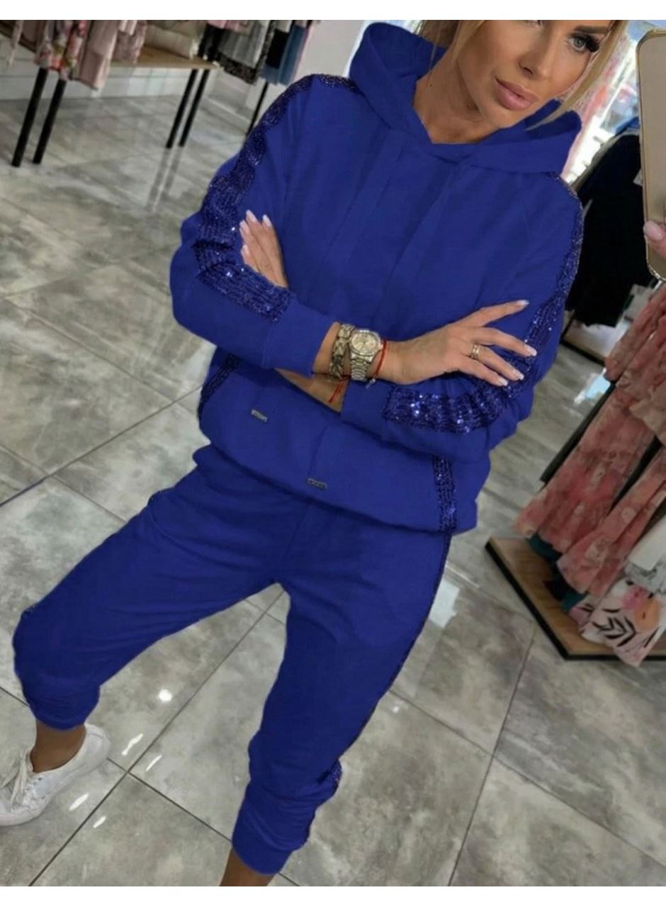 Kadın Uzun Kollu Kapşonlu Pulpayet Detay Viskon Iki Iplik Bluz Ve Pantolon Ikili Takım