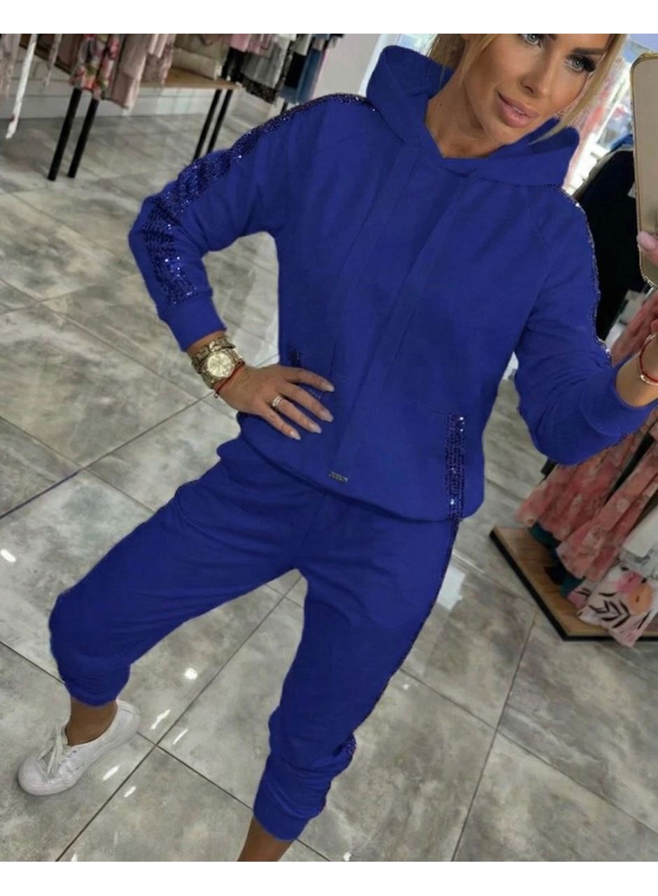 Kadın Uzun Kollu Kapşonlu Pulpayet Detay Viskon Iki Iplik Bluz Ve Pantolon Ikili Takım