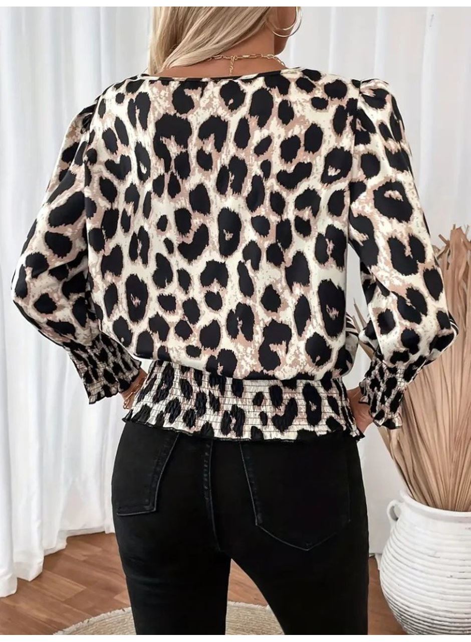 Kadın Uzun Kollu Bisiklet Yaka Leopar Desenli Modal Bluz