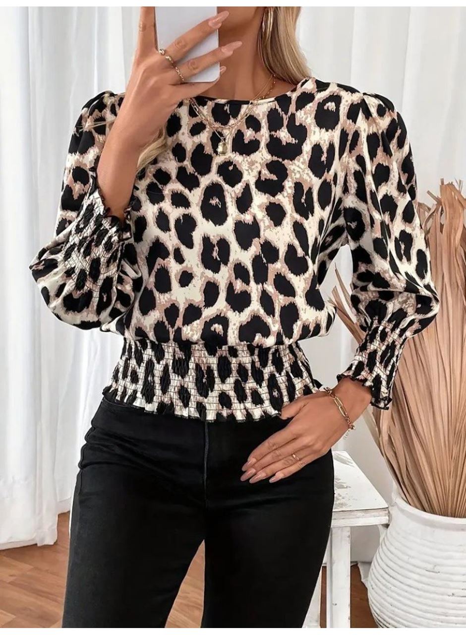 Kadın Uzun Kollu Bisiklet Yaka Leopar Desenli Modal Bluz