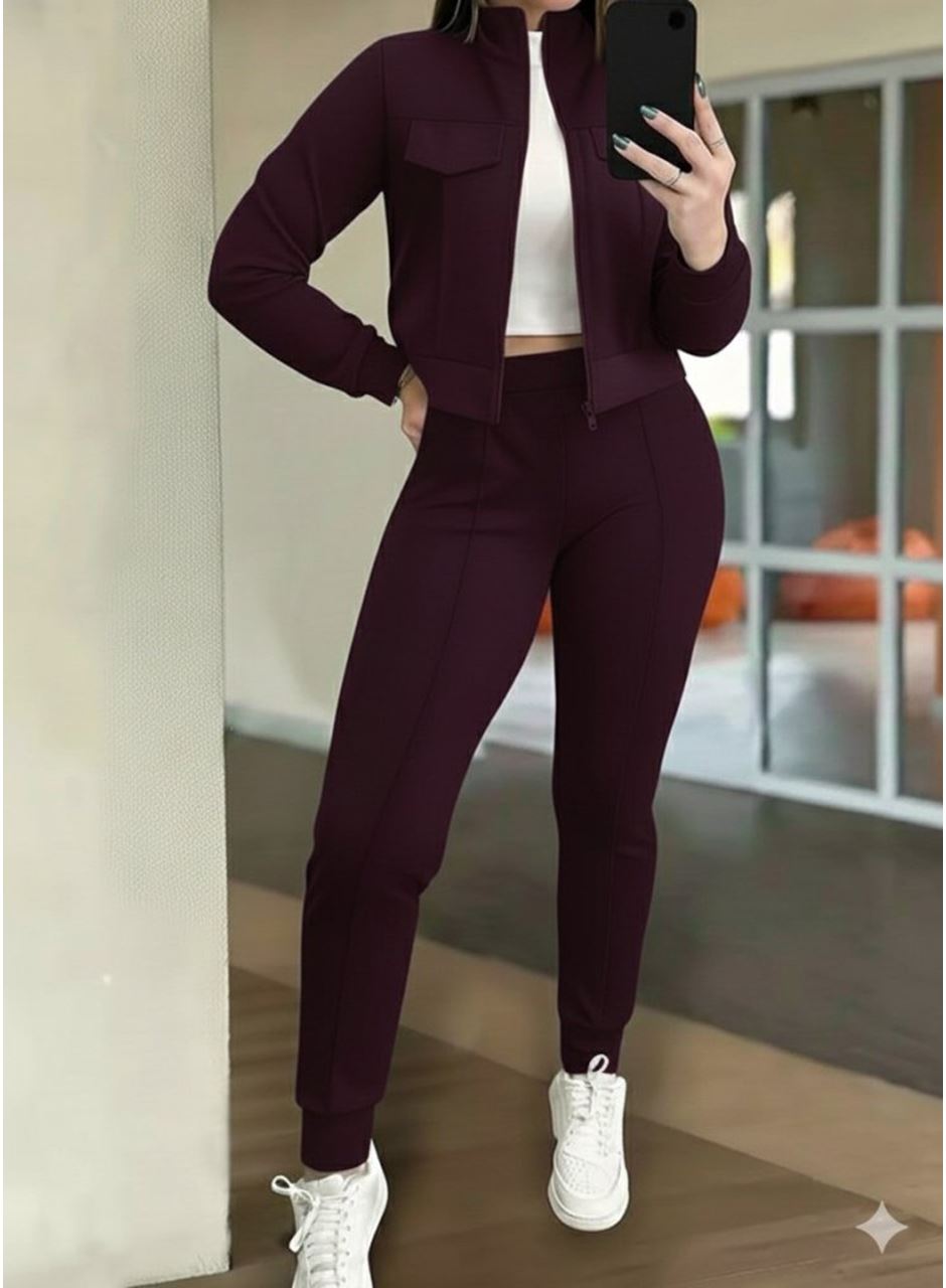 Kadın Uzun Kollu önden Fermuarlı Kısa Modal Mor Ceket Ve Pantolon Ikili Takım