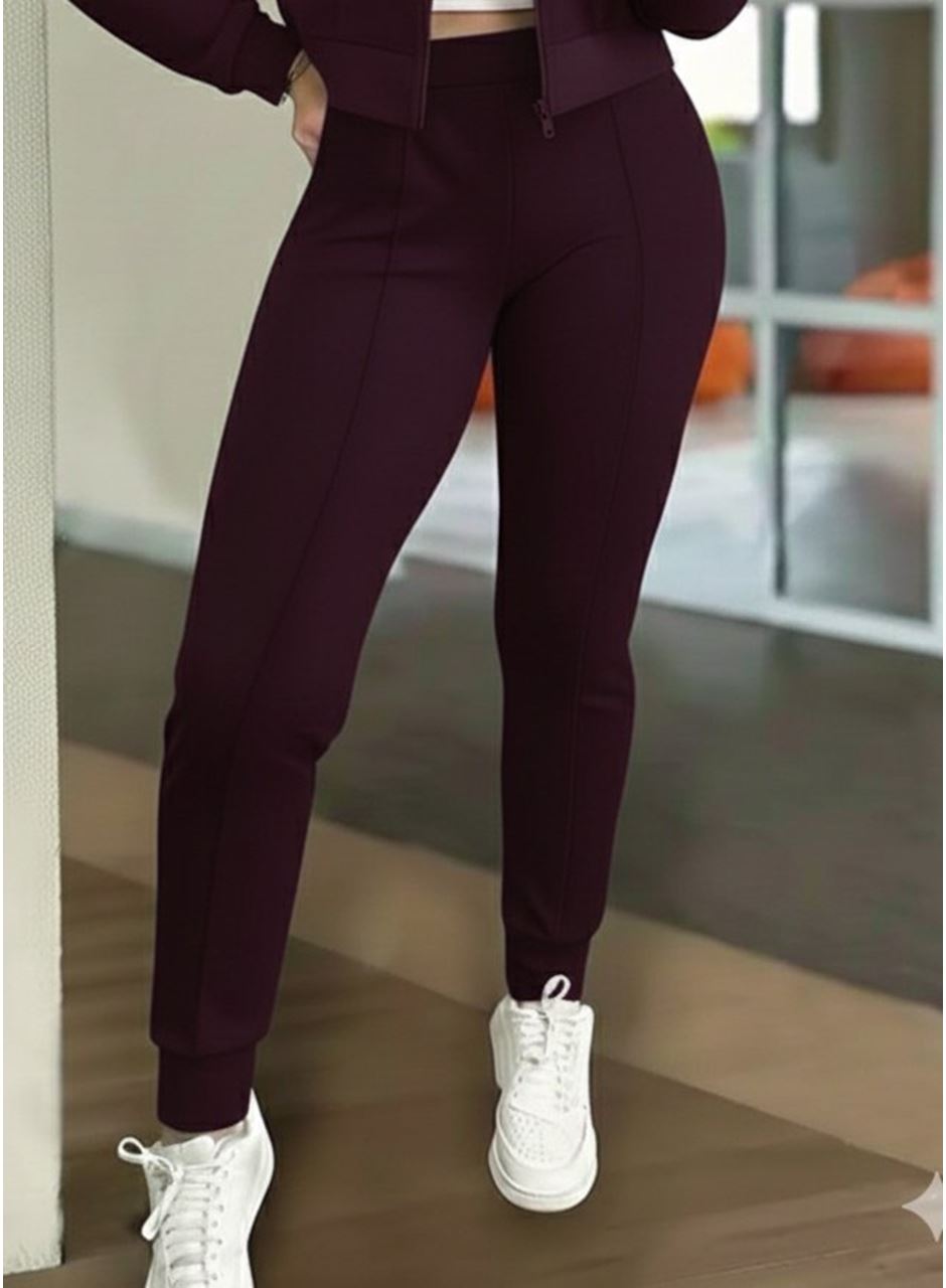 Kadın Uzun Kollu önden Fermuarlı Kısa Modal Mor Ceket Ve Pantolon Ikili Takım