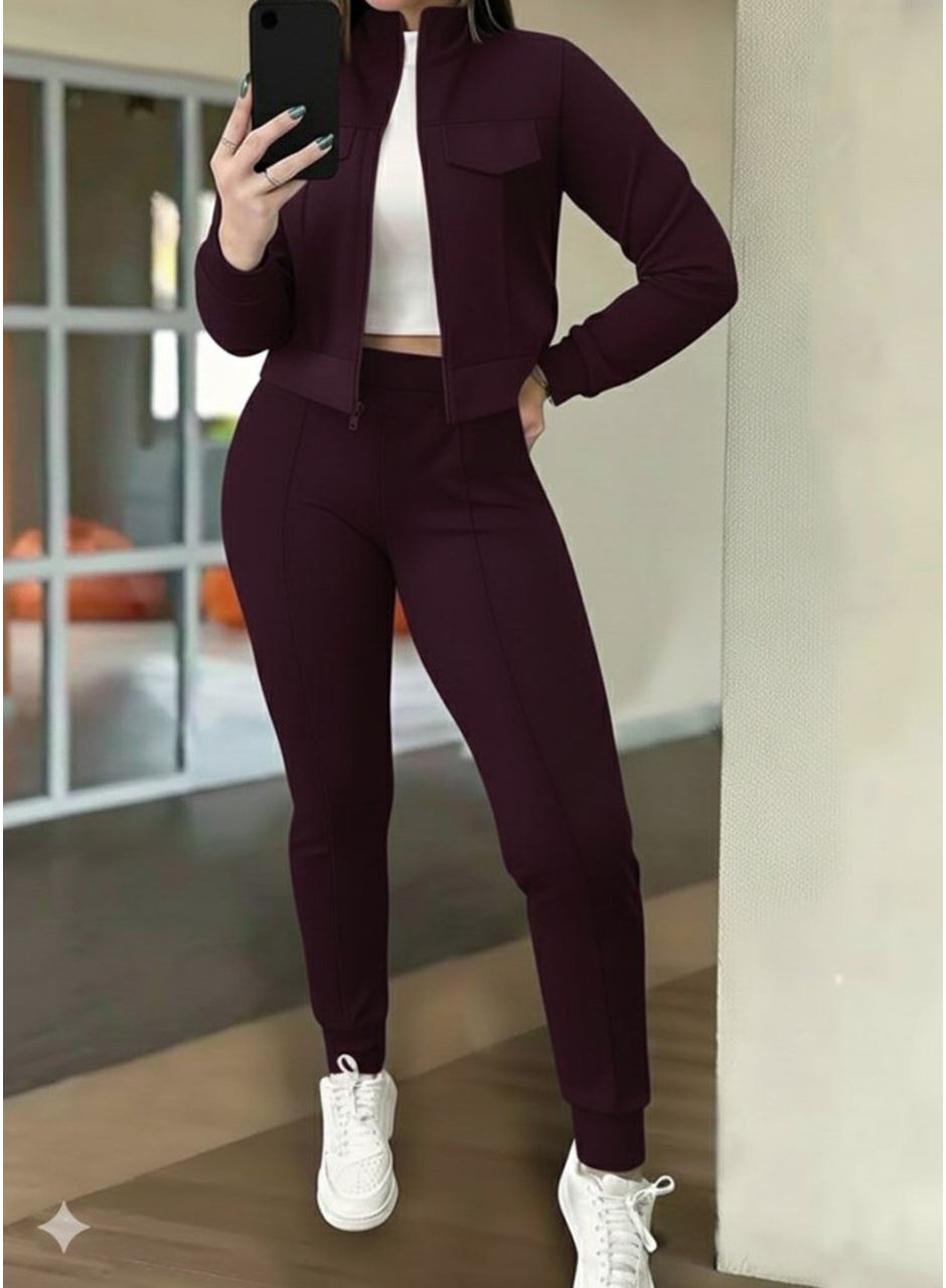 Kadın Uzun Kollu önden Fermuarlı Kısa Modal Mor Ceket Ve Pantolon Ikili Takım