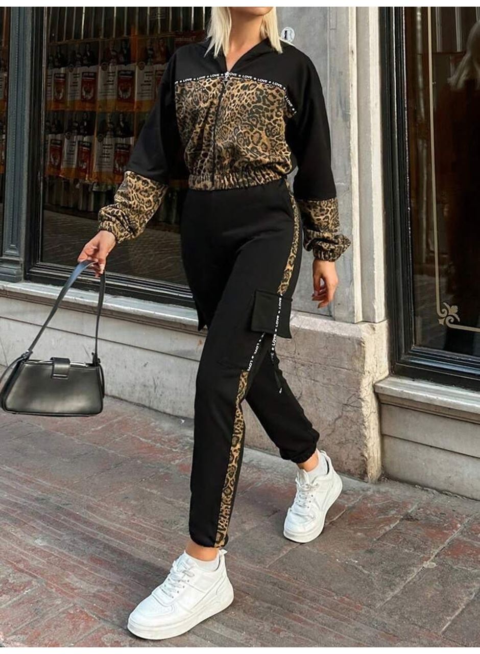 Kadın Uzun Kollu Kapşonlu Leopar Desenli Viskon Iki Iplik Bluz Ve Pantolon Ikili Takım