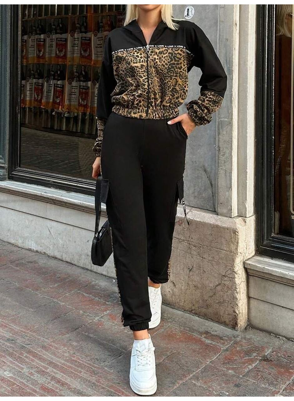 Kadın Uzun Kollu Kapşonlu Leopar Desenli Viskon Iki Iplik Bluz Ve Pantolon Ikili Takım