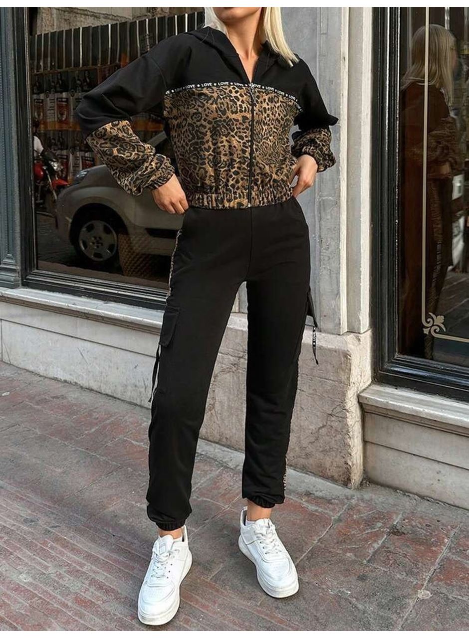Kadın Uzun Kollu Kapşonlu Leopar Desenli Viskon Iki Iplik Bluz Ve Pantolon Ikili Takım