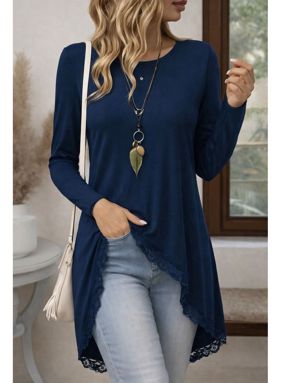 Kadın Uzun Kollu Bisiklet Yaka Asimetrik Kesim Detaylı Dantelli Viskon Bluz