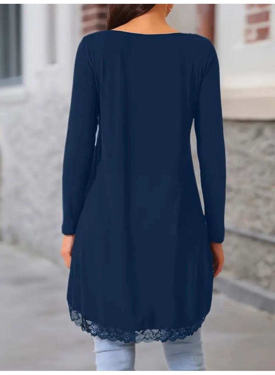 Kadın Uzun Kollu Bisiklet Yaka Asimetrik Kesim Detaylı Dantelli Viskon Bluz