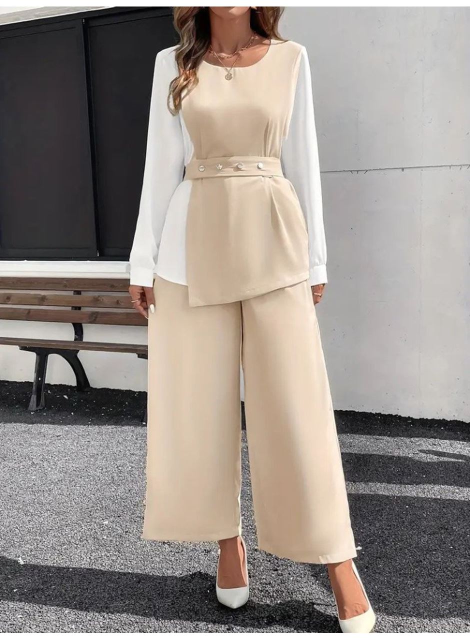 Kadın Uzun Kollu Açık Yakalı çift Renkli Kemerli Ithal Krep Ikili Takım