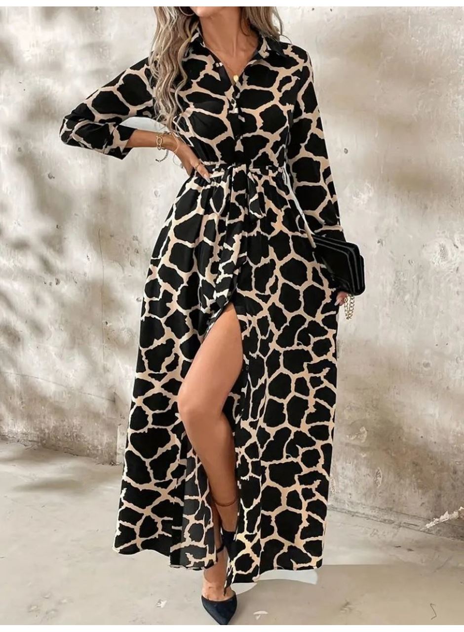 Kadın Uzun Kollu Yakalı önü Düğmeli Desenli Belden Kuşaklı Uzun Süprem Elbise