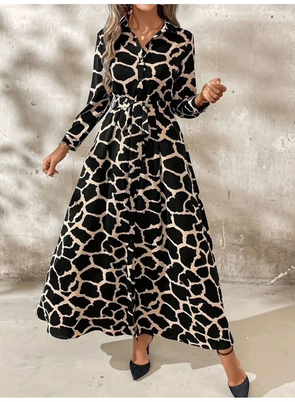 Kadın Uzun Kollu Yakalı önü Düğmeli Desenli Belden Kuşaklı Uzun Süprem Elbise