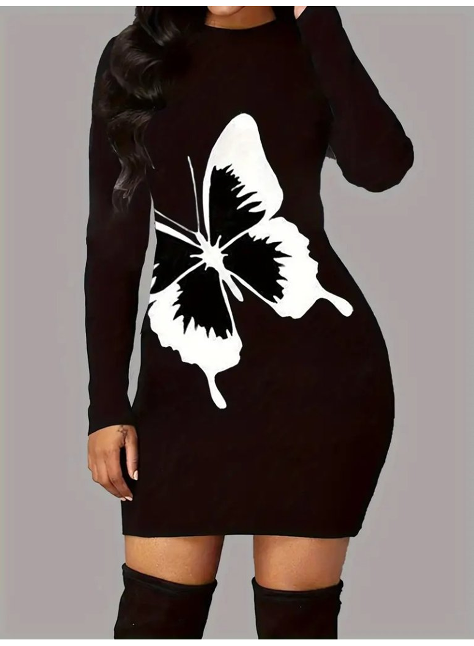 Kadın Uzun Kollu Bisiklet Yaka Kelebek Desenli Kısa Viskon Iki Iplik Elbise