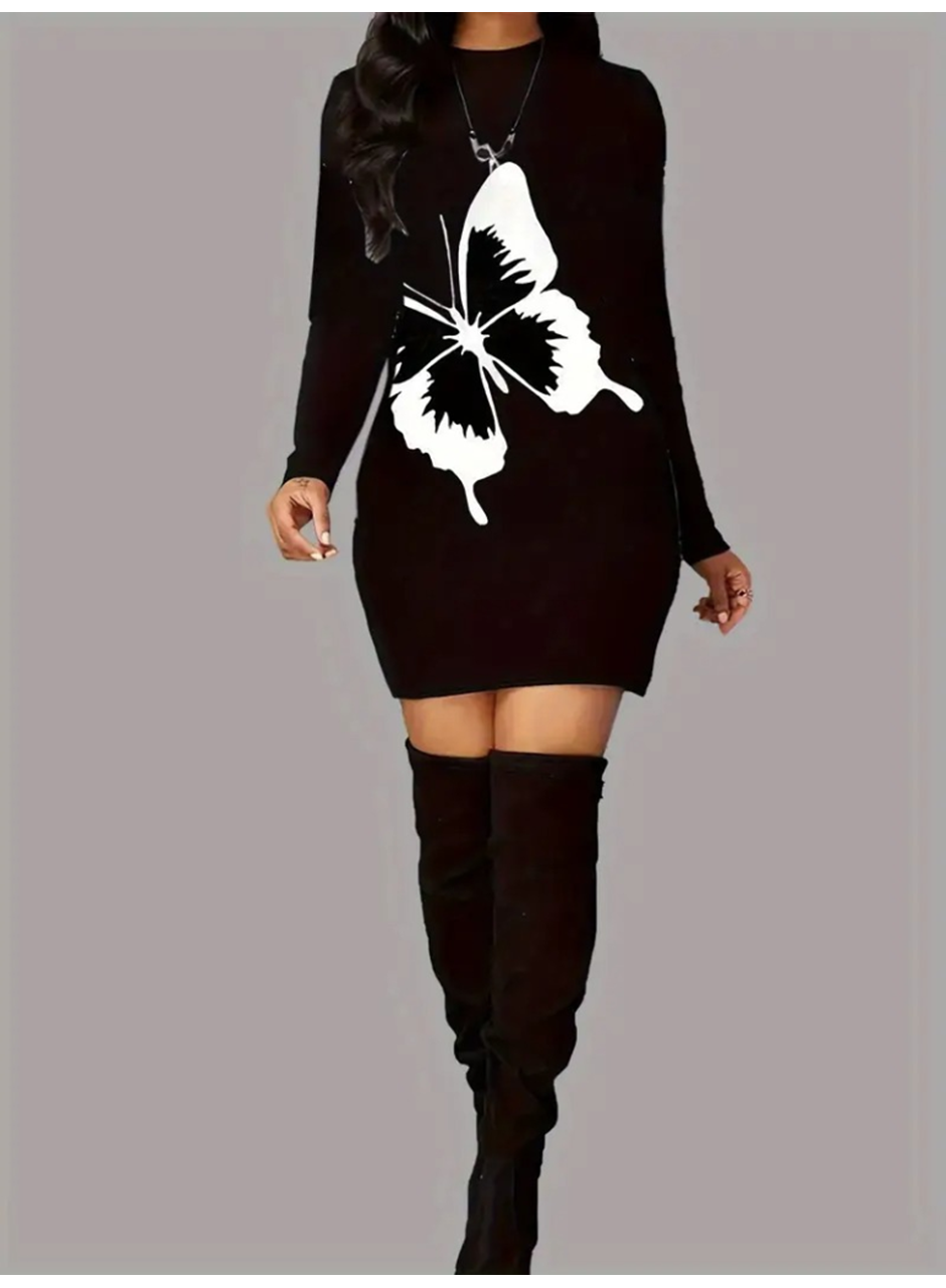 Kadın Uzun Kollu Bisiklet Yaka Kelebek Desenli Kısa Viskon Iki Iplik Elbise