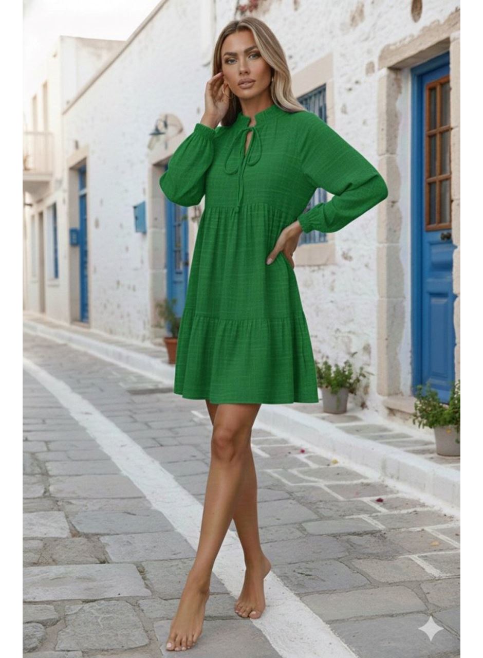 Kadın Uzun Kollu Yakadan Bağcıklı Fırfırlı Keten Mini Elbise