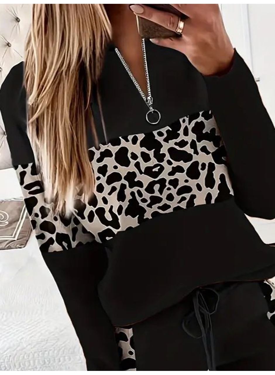 Kadın Uzun Kollu Fermuarlı Karışık Desenli Viskon Iki Iplik Bluz Ve Pantolon Ikili Takım