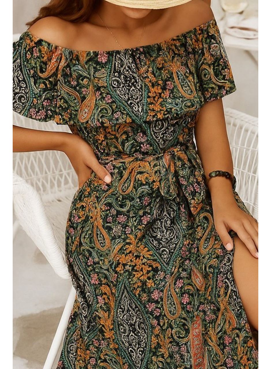 Kadın Kısa Kollu Madonna Yaka Fırfırlı Belden Yırtmaçlı Maksi Süprem Elbise