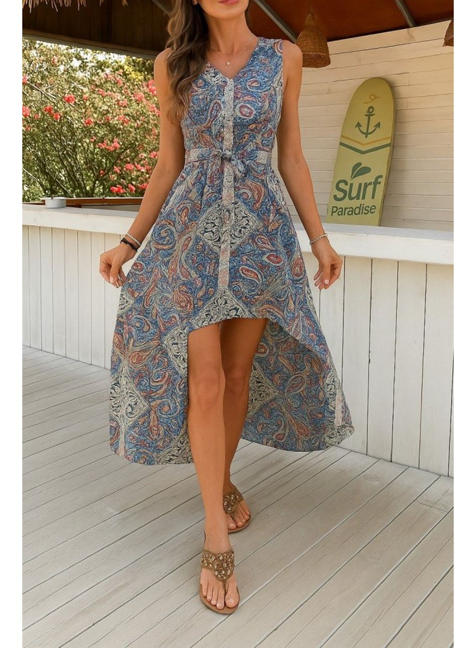 Kadın Kolsuz V Yakalı Desenli Süprem Tulum Elbise