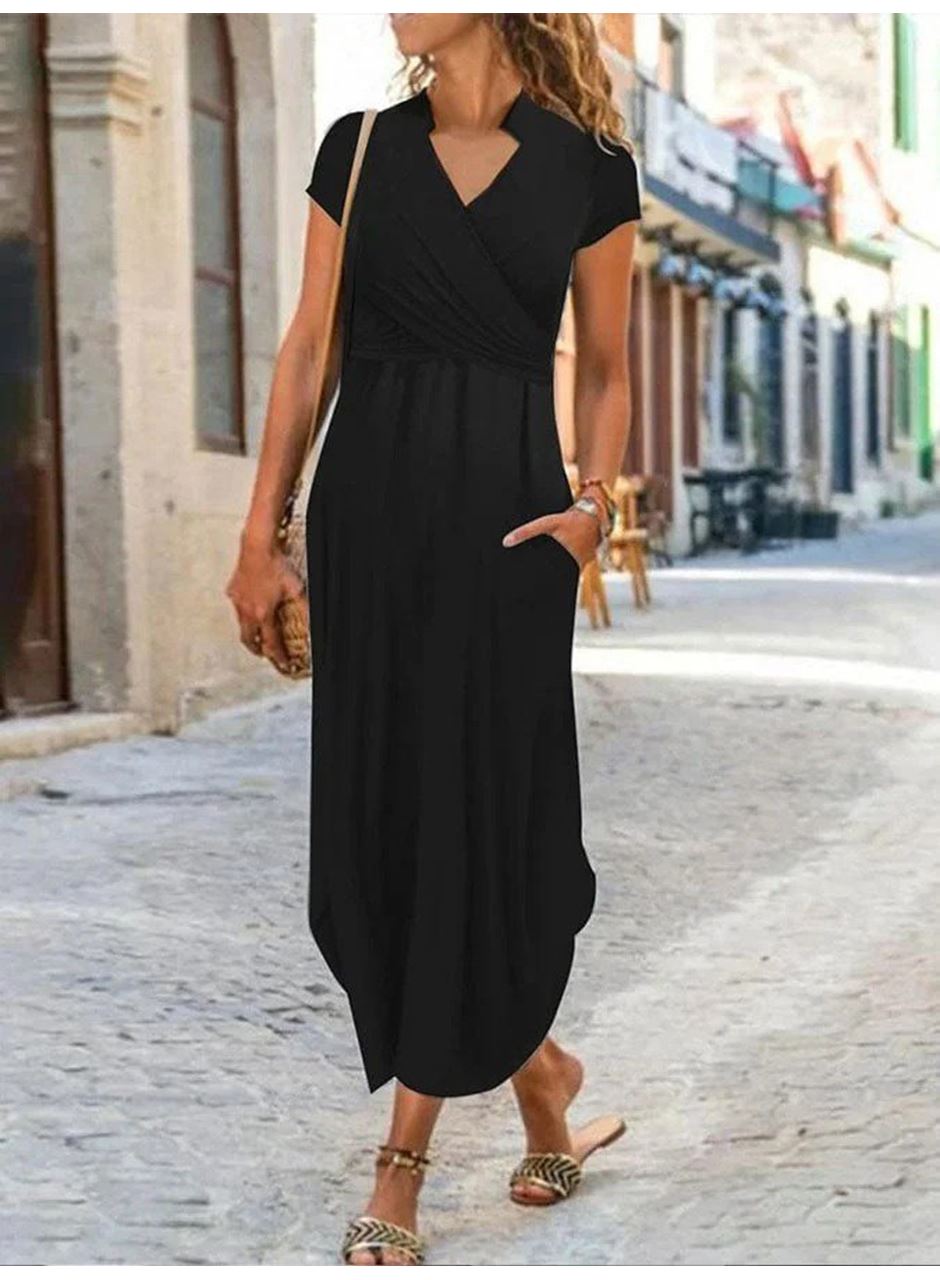 Kadın Kısa Kollu Hakim V Yaka Viskon Elbise