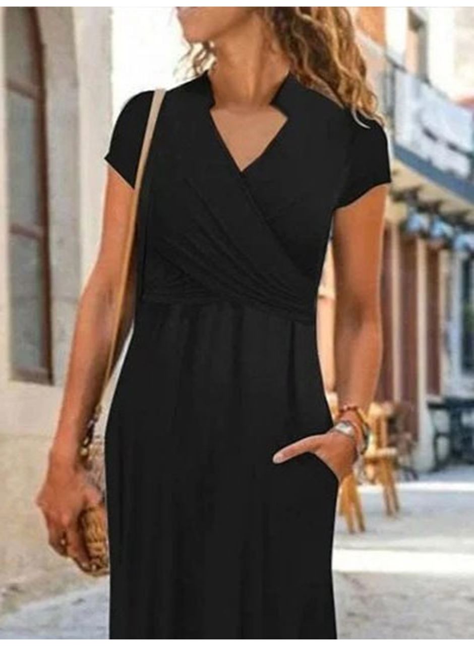 Kadın Kısa Kollu Hakim V Yaka Viskon Elbise