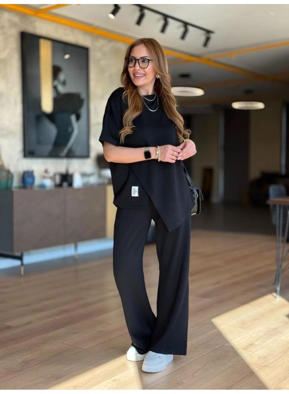 Kadın Kısa Kollu Bisiklet Yaka Asimetrik Viskon Iki Iplik Bluz Ve Pantolon Ikili Takım