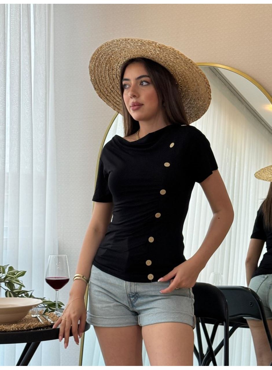 Kadın Kısa Kollu Degaje Yaka Düğme Detay Viskon Bluz