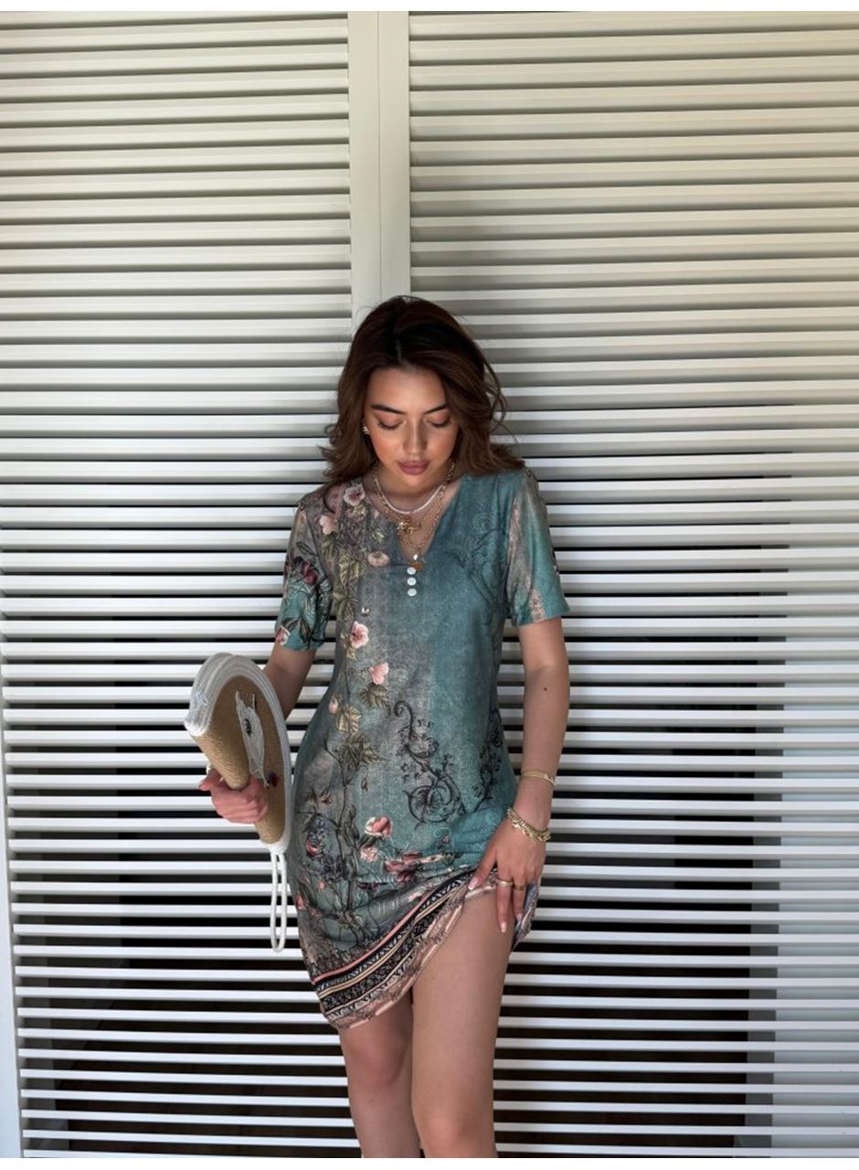 Kadın Kısa Kollu V Yakalı çiçek Baskılı Midi Süprem Elbise