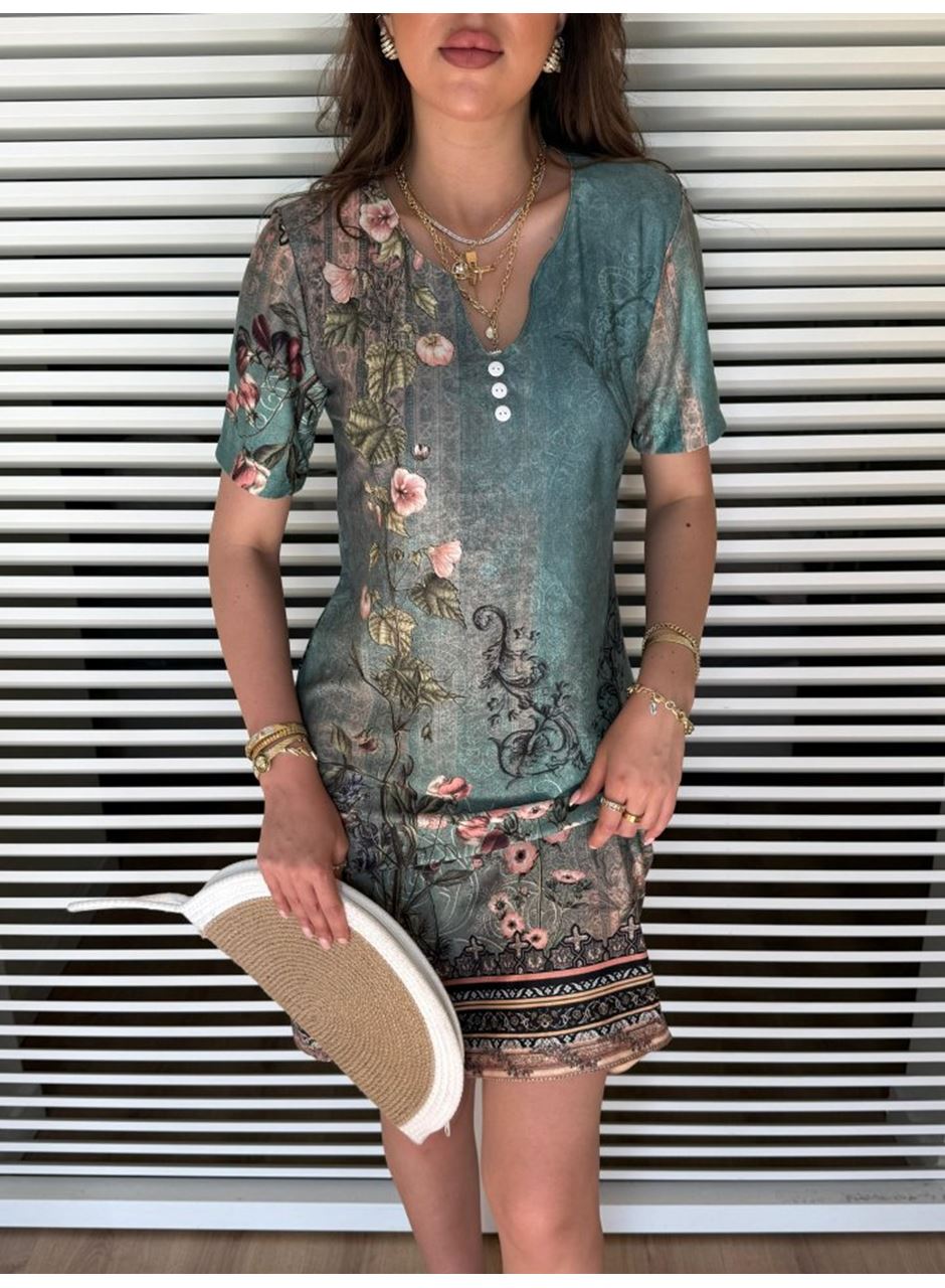 Kadın Kısa Kollu V Yakalı çiçek Baskılı Midi Süprem Elbise