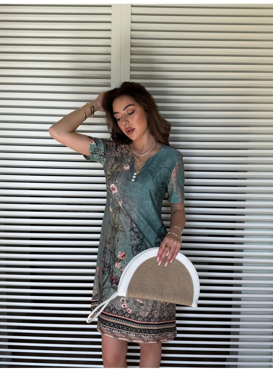 Kadın Kısa Kollu V Yakalı çiçek Baskılı Midi Süprem Elbise