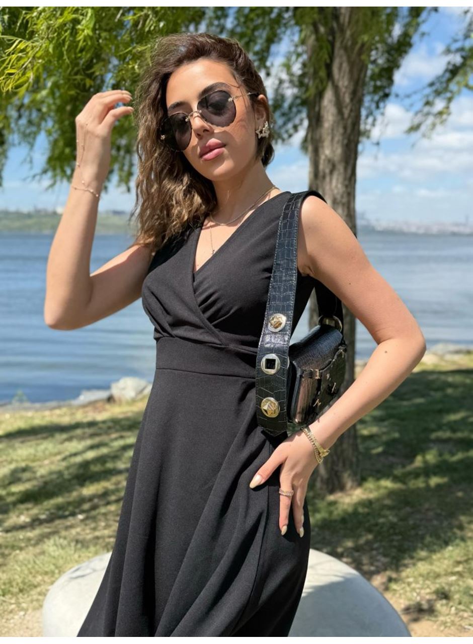 Kadın Ithal Krep Kumaş Kruvaze Yaka Eteği Kloş Kolsuz Mini Elbise