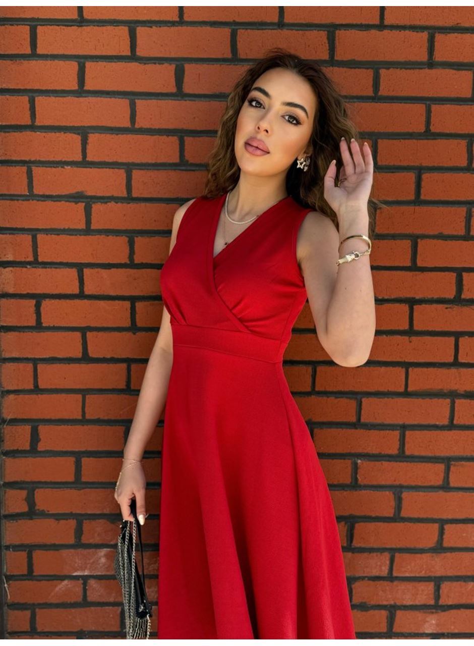 Kadın Ithal Krep Kumaş Kruvaze Yaka Eteği Kloş Kolsuz Mini Elbise