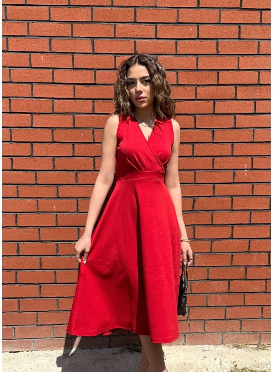 Kadın Ithal Krep Kumaş Kruvaze Yaka Eteği Kloş Kolsuz Mini Elbise