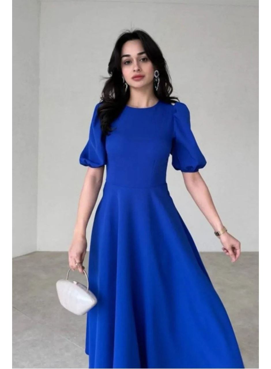 Kadın Kısa Balon Kollu Bisiklet Yaka Geniş Kesim Janjan Krep Elbise