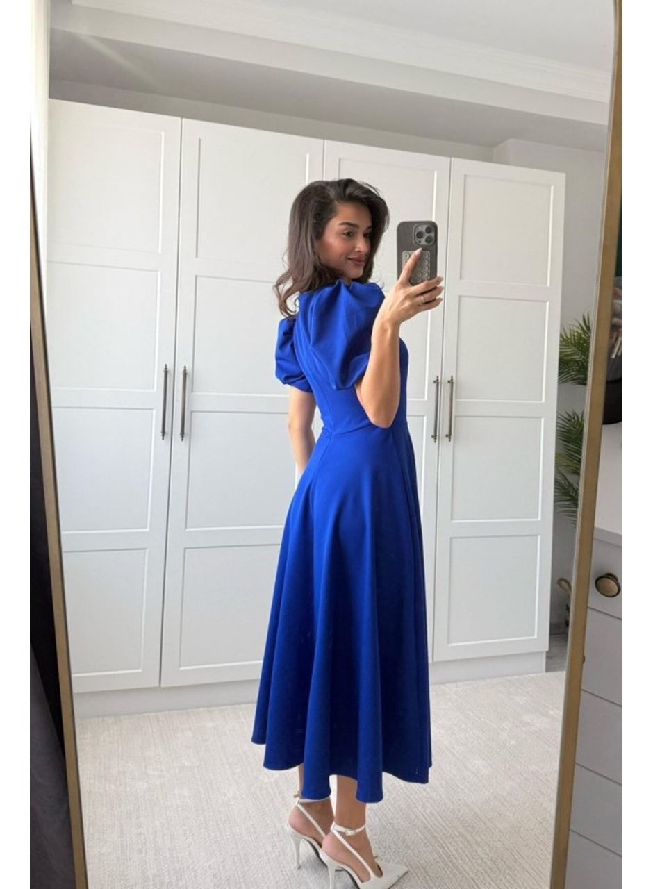 Kadın Kısa Balon Kollu Bisiklet Yaka Geniş Kesim Janjan Krep Elbise