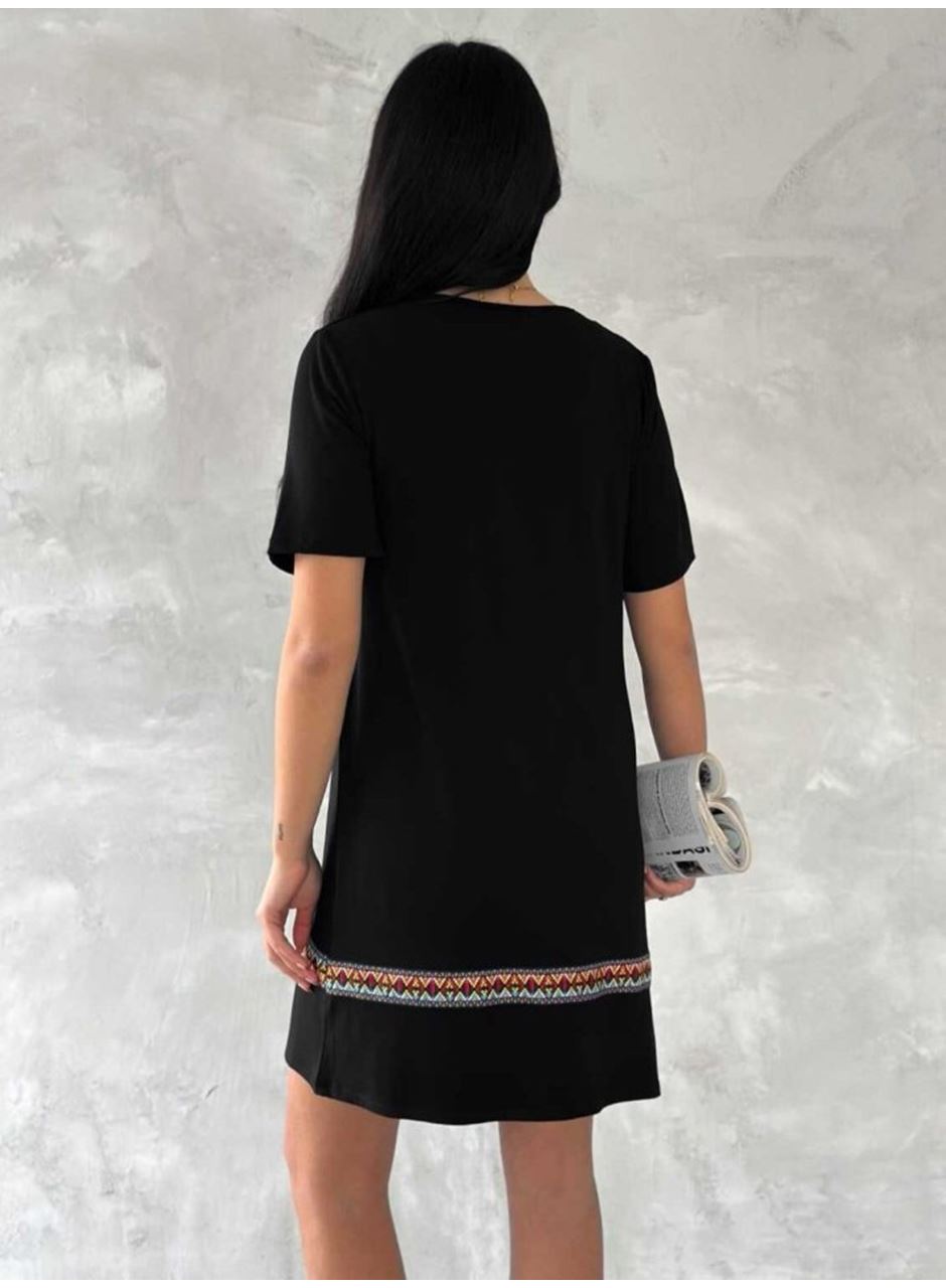 Kadın Kısa Kollu V Yakalı Etnik Desen şerit Detaylı Viskon Elbise