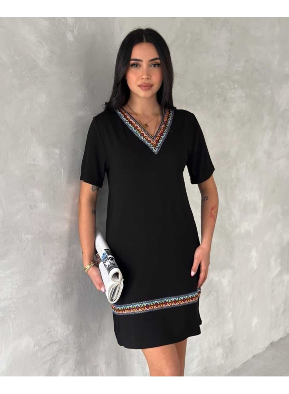Kadın Kısa Kollu V Yakalı Etnik Desen şerit Detaylı Viskon Elbise