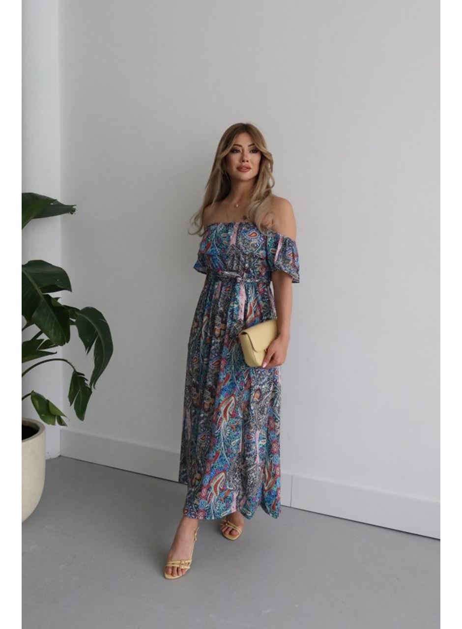 Kadın Kısa Kollu Madonna Yaka Fırfırlı Belden Yırtmaçlı Maksi Süprem Elbise