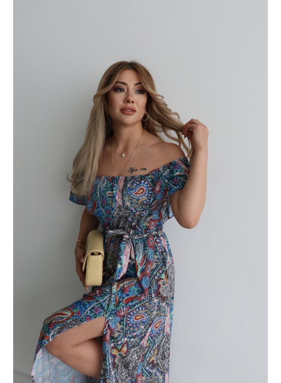 Kadın Kısa Kollu Madonna Yaka Fırfırlı Belden Yırtmaçlı Maksi Süprem Elbise