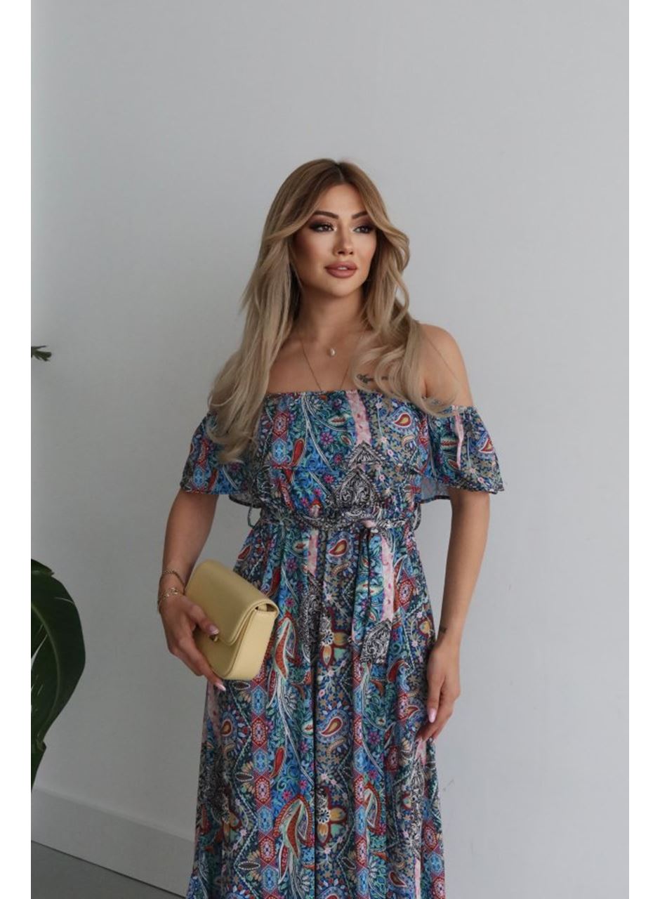 Kadın Kısa Kollu Madonna Yaka Fırfırlı Belden Yırtmaçlı Maksi Süprem Elbise