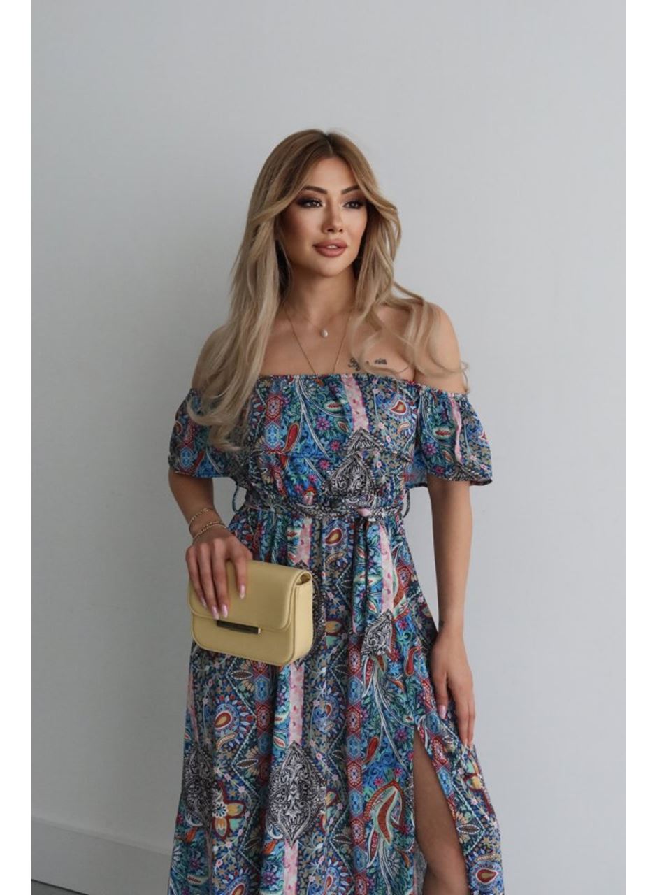 Kadın Kısa Kollu Madonna Yaka Fırfırlı Belden Yırtmaçlı Maksi Süprem Elbise