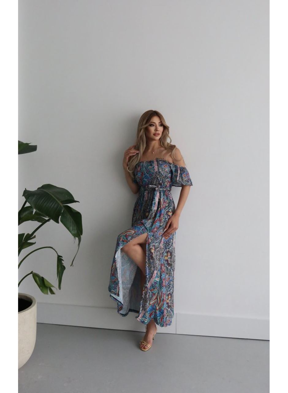 Kadın Kısa Kollu Madonna Yaka Fırfırlı Belden Yırtmaçlı Maksi Süprem Elbise